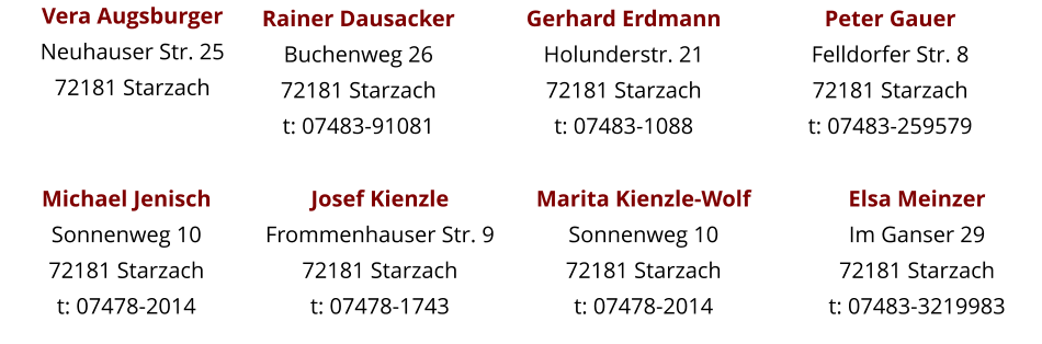 Rainer Dausacker Buchenweg 26  72181 Starzach t: 07483-91081 Peter Gauer Felldorfer Str. 8 72181 Starzach t: 07483-259579 Marita Kienzle-Wolf Sonnenweg 10 72181 Starzach t: 07478-2014 Josef Kienzle Frommenhauser Str. 9 72181 Starzach t: 07478-1743 Michael Jenisch Sonnenweg 10 72181 Starzach t: 07478-2014 Vera Augsburger Neuhauser Str. 25 72181 Starzach  Elsa Meinzer Im Ganser 29 72181 Starzach t: 07483-3219983 Gerhard Erdmann Holunderstr. 21 72181 Starzach t: 07483-1088